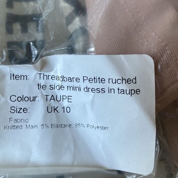 ASOS Threadbare Petite Ruched Tie Side Mini‎ Dress In Taupe 6 NWT in packaging - Picture 6 of 7
